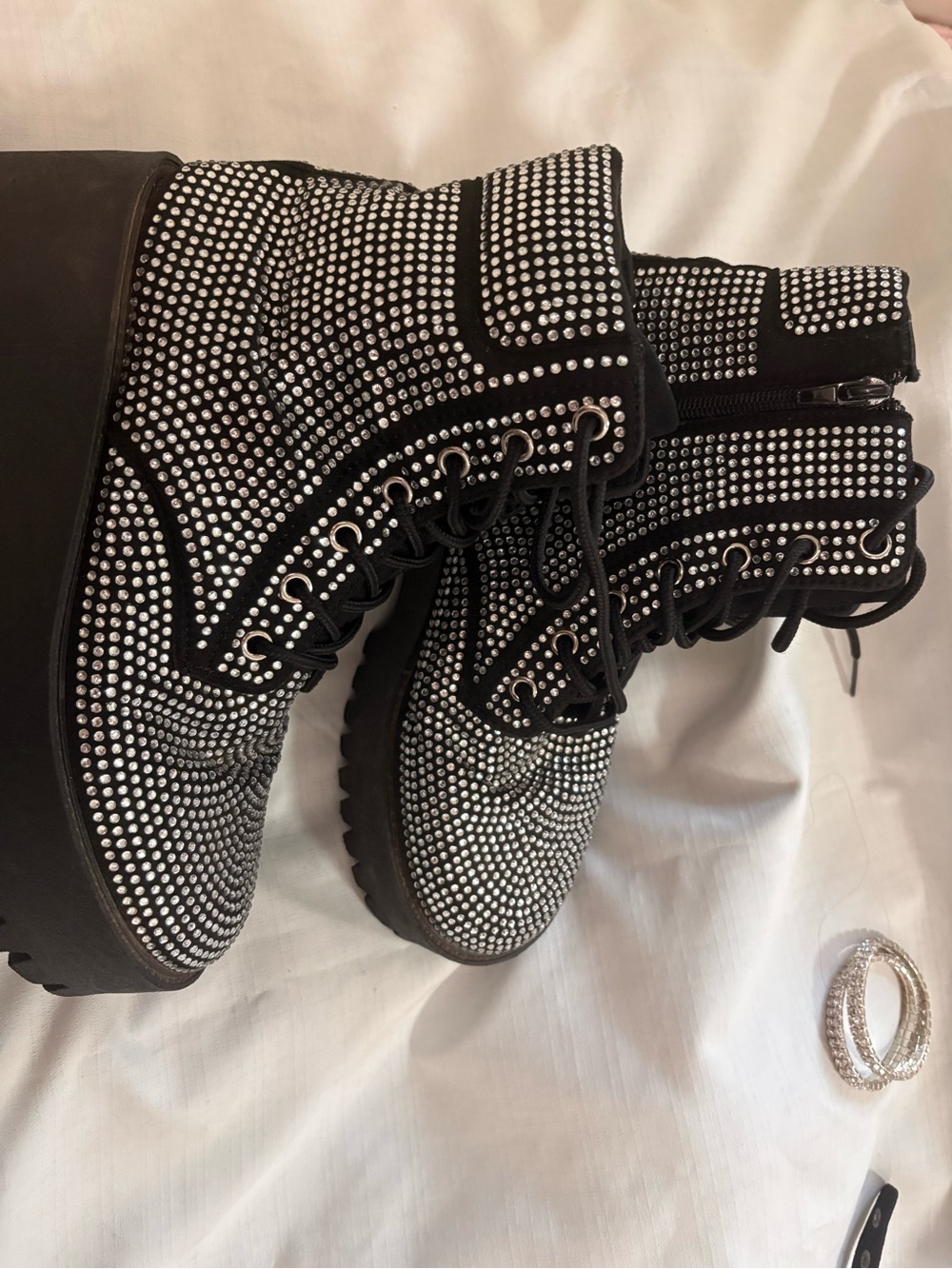 Black Crystal-Embellished Women's Combat Boots